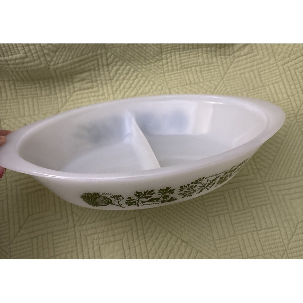 Vintage Glasbake Herb Garden Milk Glass Divided Casserole Dish J2352 Made In USA